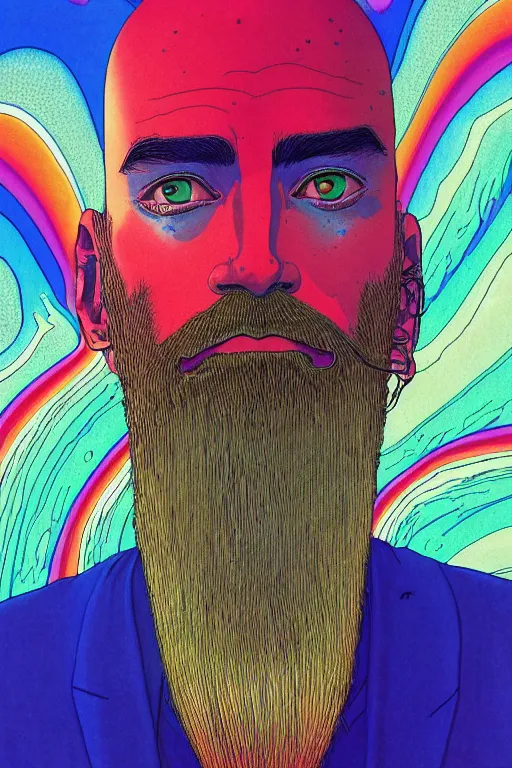 Prompt: a colorful psychedelic closeup portrait of a young bald man with a very long wild beard dreaming psychedelic hallucinations in the vast icy landscape of antarctica, by kawase hasui, moebius and edward hopper, colorful flat surreal design, hd, 8 k, artstation