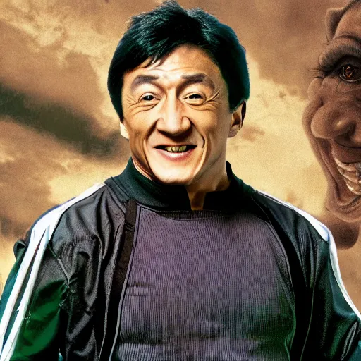 Image similar to Jackie chan as a jackrabbit, photograph, colourised