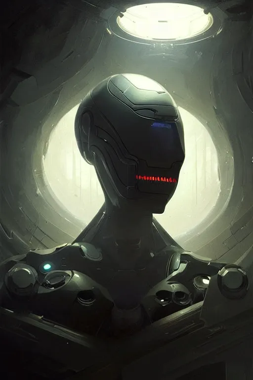 Image similar to professional concept art portrait of a ominous floating robotic species in a dark room by artgerm and greg rutkowski. an intricate, elegant, highly detailed digital painting, concept art, smooth, sharp focus, illustration, in the style of cam sykes.