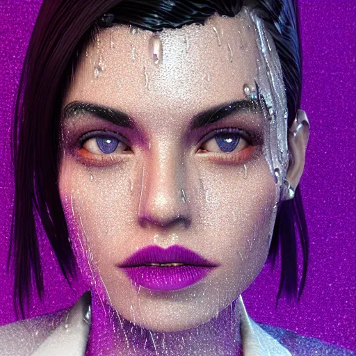 Prompt: stylish woman cartoon portrait made out of rain, pinstripe suit, short purple hair, galactic background, rendered in octane, unreal engine, highly detailed, trending on artstation, realistic, neon, beautiful