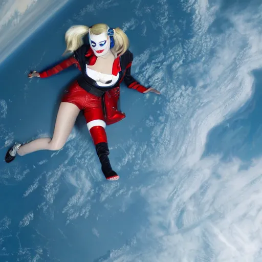 Prompt: photo of Margot Robbie as Harley Quinn floating in the iss, highly detailed skin and face, 8k