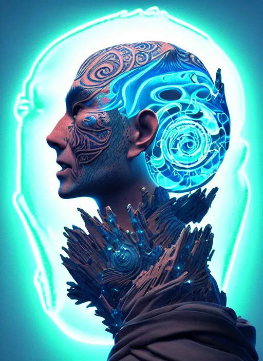 Prompt: 3 d shaman with tattoos profile portrait, sigma 5 0 0 mm f / 5. beautiful intricate highly detailed. bioluminescent, plasma, frost, water, wind, creature, gradient background, thunderstorm! artwork by tooth wu and wlop and beeple and greg rutkowski, 8 k trending on artstation,