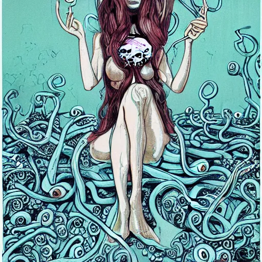 Prompt: a sad girl with octopus tentacles instead of limbs sitting on the floor, illustration by James Jean