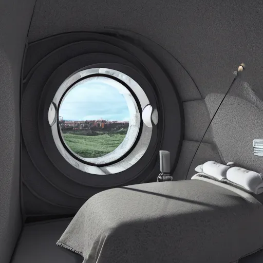 Image similar to small single bedroom inside space ship with round window looking into space, gray metallic walls, style of engine factory room, 1960s, science fiction, ultra realistic, 4k.