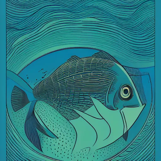 Image similar to profile of one stylized fish in center of view, dark ocean, complex patterns, artstation, intricate, realistic, highly detailed, digital painting, concept art, sharp focus, illustration by tom whalen and charles williams and kilian eng and james jean