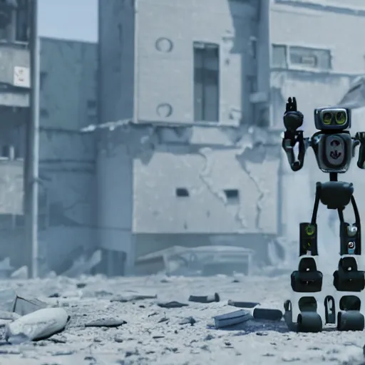 Prompt: small 2 fingered robot exploring abandoned city in the apocalypse, 4k cinematic shot, cute