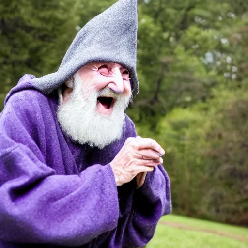 Prompt: an old bald mad wizard with bushy grey eyebrows, long grey hair and wearing a grey wizard hat, disheveled, wise old man, wearing a purple detailed coat, a bushy grey beard, sorcerer, he is yelling and laughing