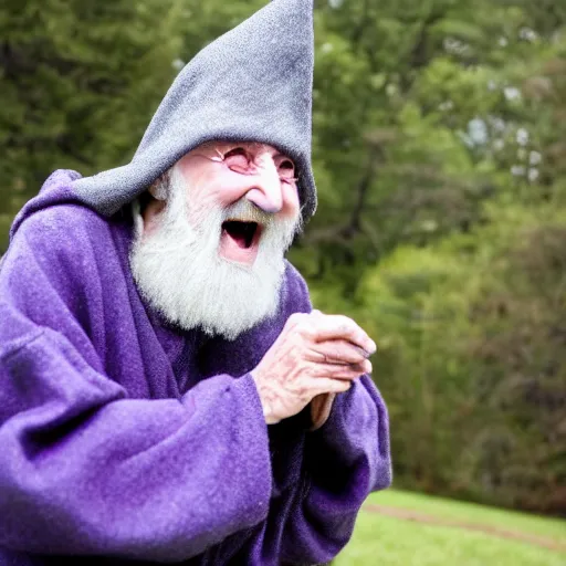 Image similar to an old bald mad wizard with bushy grey eyebrows, long grey hair and wearing a grey wizard hat, disheveled, wise old man, wearing a purple detailed coat, a bushy grey beard, sorcerer, he is yelling and laughing