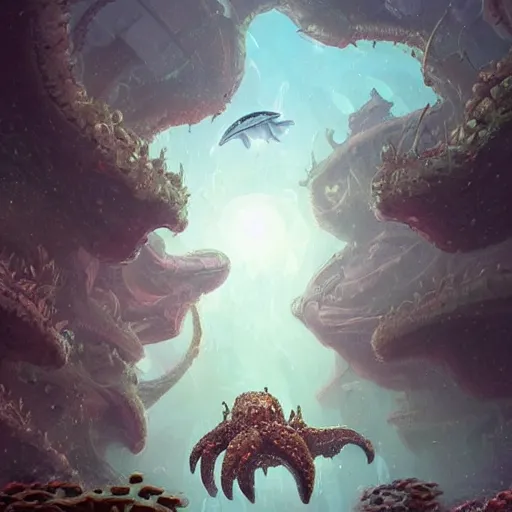 Image similar to Astronauts and some mythical animals are under the sea, they are swimming away from the giant kraken, the kraken is behind chasing them, this is an extravagant planet with wacky wildlife, the background is full of ancient ruins, the ambient is dark with a terrifying atmosphere, by Jordan Grimmer digital art, trending on Artstation,