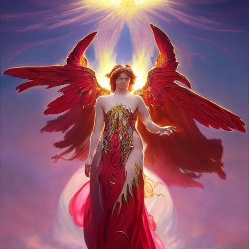 Image similar to a beautiful orchid phoenix angel woman, in an ornamented dress with large wings, volumetric light, god rays, 8 k high resolution, rubies, by greg rutkowski, artgerm, alphonse mucha