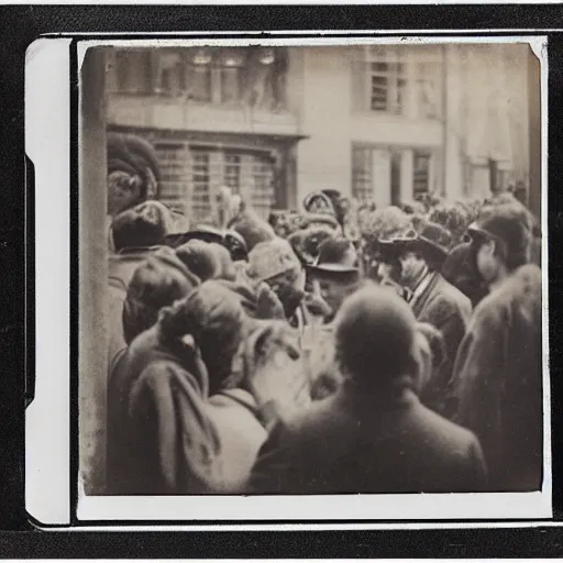 Prompt: guy in the 1800s using a iPhone with a crowd around him being shocked, 16mm photo, Polaroid