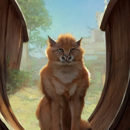Prompt: a digital art of cute fluffy caracal near a wooden barrel lying at the side, at after noon, ancient greek city, by krenz cushart and mucha and akihito yoshida and greg rutkowski and makoto shinkai, long shot, back lighting, detailed eyes, 4 k resolution, trending on art station