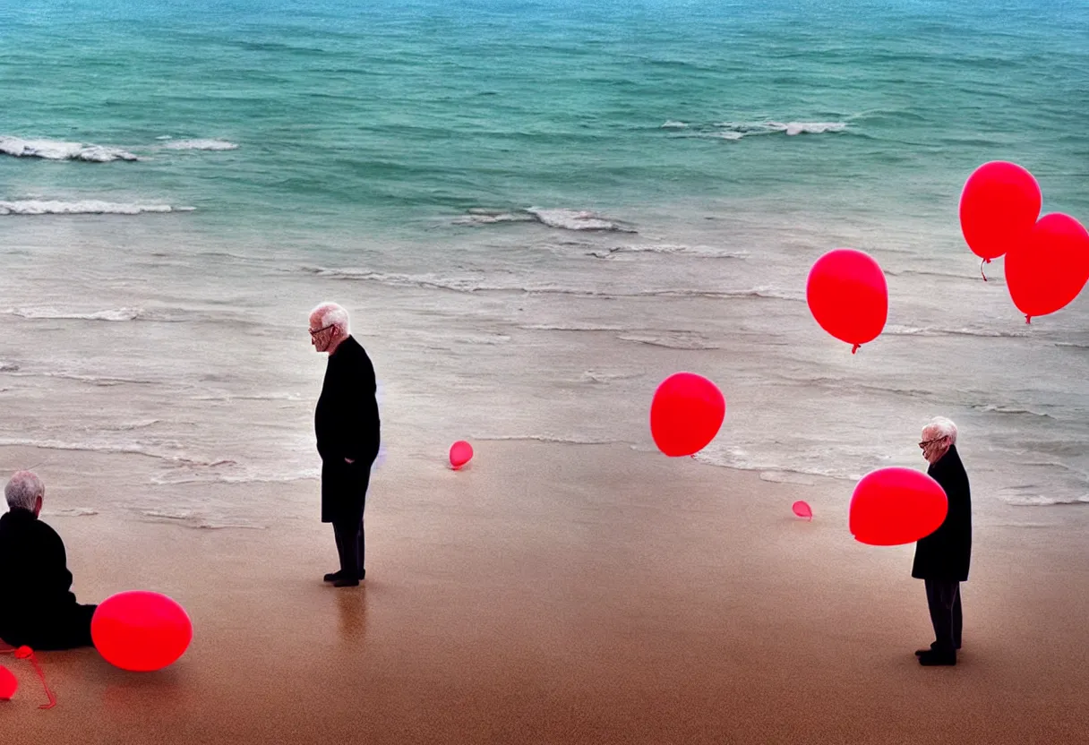 Image similar to lonely old man on the beach, holding red balloons. extremely high fidelity, 8 k, super resolution, cinematic view, super resolution, epic, hyperdetailed, digital painting, artstation, concept art, smooth, sharp focus, octane render, dramatic lighting, ground level, art by artgerm and greg rutkowski and alphonse mucha and wlop