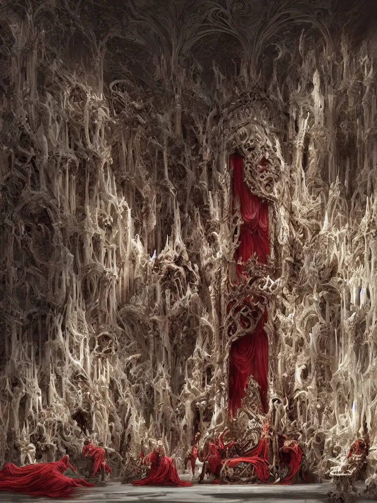 Prompt: matte painting of a huge ivory throne of bones, abominations are kneeling in front of the throne, red tones, highly coherent, ultra realistic, concept art, intricate details, eerie, highly detailed, photorealistic, octane render, 8 k, unreal engine. art by artgerm and greg rutkowski and alphonse mucha