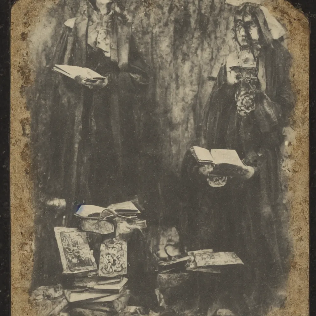 Image similar to tintype of a pagan cultist with occult books