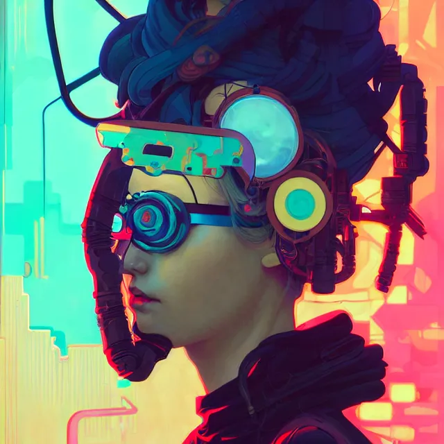 Prompt: a beautiful painting of a cyberpunk blindfolded girl by sachin teng and pascal blanche! and alphonse mucha and ruan jia! and josan gonzalez!. in style of conceptual art. colorful comic, film noirs, brush stroke, vibrating colors, hyper detailed. octane render. trending on artstation