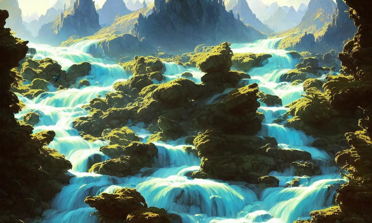 Image similar to Mountain river flows through a fantasy landscape gorge. A big blue lake in the middle of the mountains. Fabulous nature, amazing seascape, highly detailed, digital painting, artstation, concept art, smooth, sharp focus, illustration, art by greg rutkowski and alphonse mucha