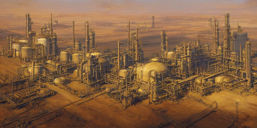 Prompt: detailed cinematic high angle shot of oil refinery power plant in the arabian desert, spring light, painting by gaston bussiere, craig mullins, j. c. leyendecker