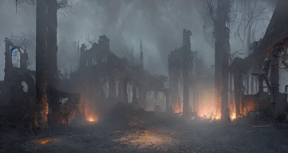 Image similar to book illustration of small burnt out village in smoke. Black wood ruins in fog. Atmospheric beautiful by Eddie mendoza and Craig Mullins. volumetric lights