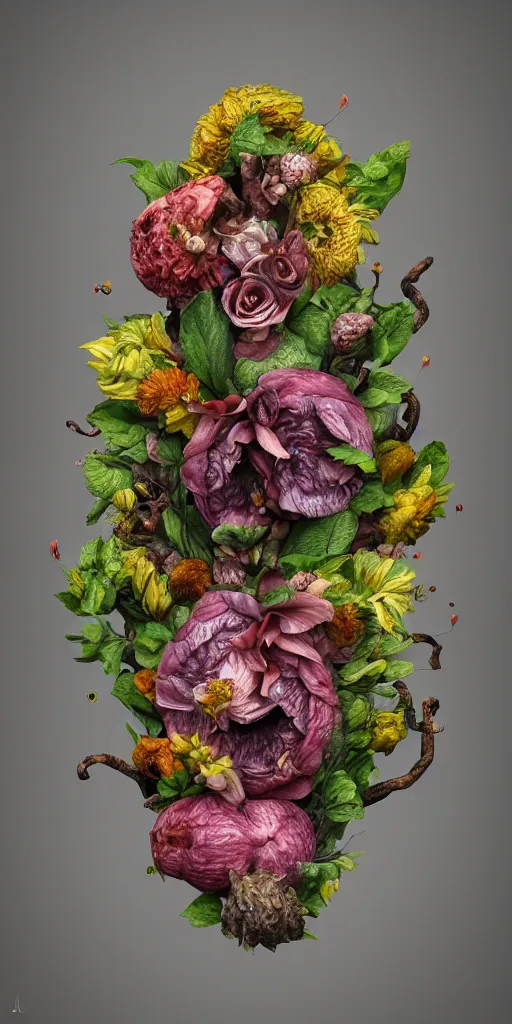Image similar to grotesque flower , ultradetailed, ultrarealistic, octane render by Giuseppe Arcimboldo