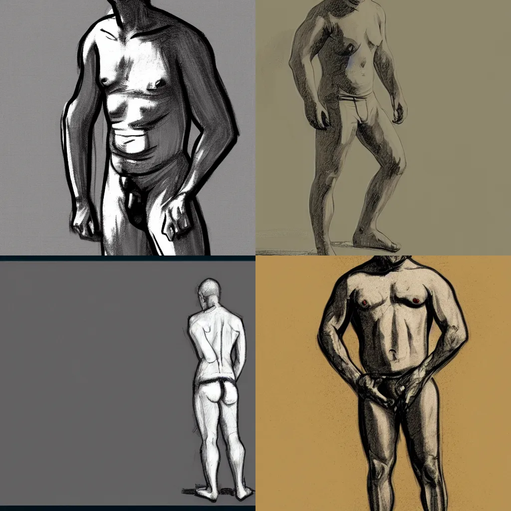 Prompt: man standing with hands on his hips, viewed in three quarters, digital sketch, figure drawing, pose reference, drawing study,