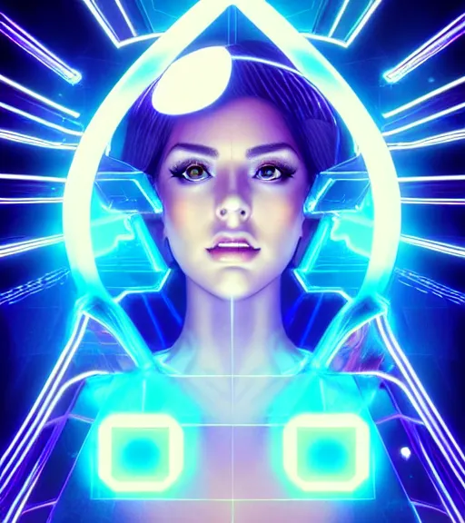 Image similar to symmetry!! latin princess of technology, solid cube of light, hard edges, product render retro - futuristic poster scifi, lasers and neon circuits, beautiful woman latin princess, intricate, elegant, highly detailed, digital painting, artstation, concept art, smooth, sharp focus, illustration, dreamlike, art by artgerm