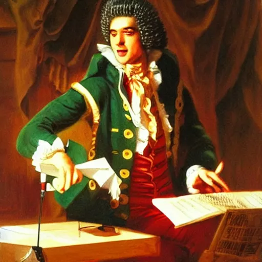 Prompt: Falco singer performing the song amadeus. Epic painting by James Gurney and Belén Ortega.