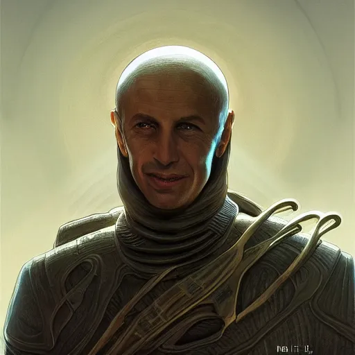 Image similar to israeli prime minister naftali bennett as dune character, portrait, intricate, elegant, highly detailed, digital painting, artstation, concept art, wallpaper, smooth, sharp focus, illustration, art by h. r. giger and artgerm and greg rutkowski and alphonse mucha