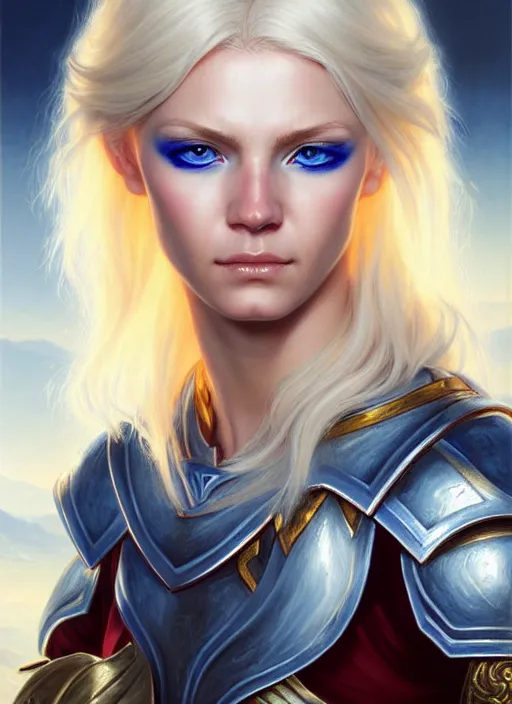 Image similar to a _ fantasy _ style _ portrait _ painting _ of white female paladin with blonde hair and blue eyes shy, scar under left eye, holy oil _ painting _ unreal _ 5 _ daz. _ rpg _ portrait _ extremely _ detailed _ artgerm _ greg _ rutkowski _ greg