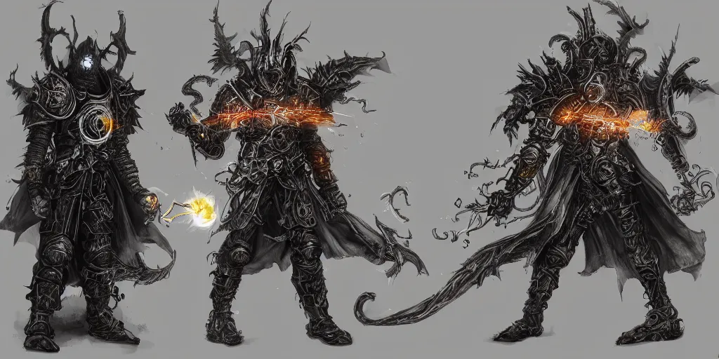 Image similar to cybernetically enhanced warlock casting chaos spells against demons dark souls art style, trending on artstation,