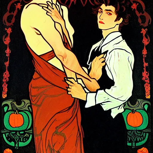 Prompt: painting of young handsome beautiful dark medium wavy hair man in his 2 0 s named shadow taehyung and cute handsome beautiful min - jun together at the halloween witchcraft party, bubbling cauldron, casting spells, autumn colors, elegant, ritual, stylized, soft facial features, delicate facial features, art by alphonse mucha, vincent van gogh, egon schiele