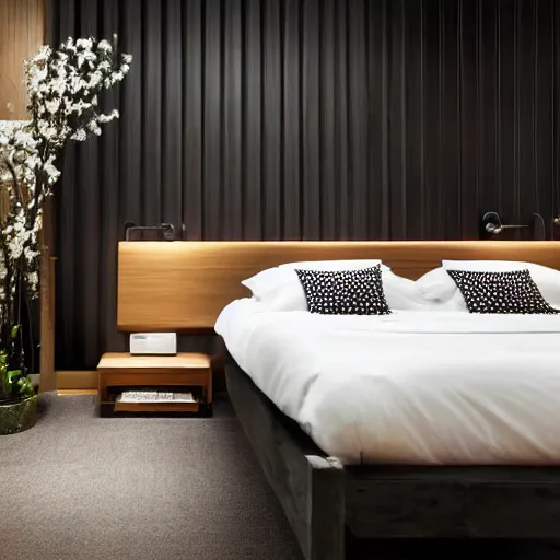 Image similar to bedroom, stone, interior design, stylish luxury hotel bedroom design, yakisugi, black vertical slatted timber, textures, feminine, black walls, art, Japanese pottery vase with flowers, kakejiku, seasonal, Japanese influences