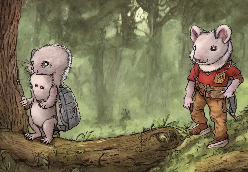 Image similar to possum dressed as an adventurer, hidden in the forest, colorized, highly detailed, 4k, trending on Artstation, award-winning, art by Maurice Sendak