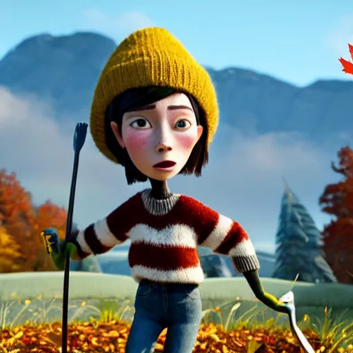 Image similar to a stopmotion animation character, a beautiful canadian woman, gardening, very attractive, some dark grey hair, stripey jumper, denim jeans, doc marten boots, canadian maple leaves, mountains, autumn, unreal engine 5, 8 k, kubo and the two strings, jan svankmayer, disney, pixar,