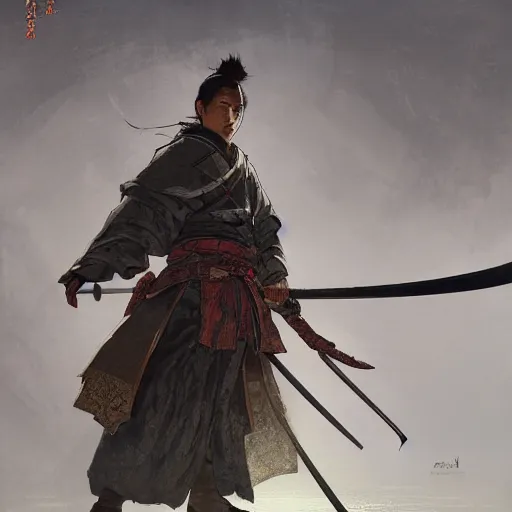 Image similar to A samurai with his sword in a defensive stance, D&D, fantasy, intricate, cinematic lighting, highly detailed, digital painting, artstation, concept art, smooth, sharp focus, illustration, art by Akihiko Yoshida, Greg Rutkowski and Alphonse Mucha