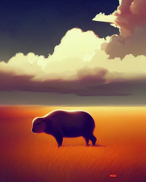 Prompt: white capybara at siberia, surreal photography, warm dramatic light, impressionist painting, colorful clouds, digital painting, artstation, kilian eng, john harris, bastien lecouffe - deharme, simon stalenhag, flower face