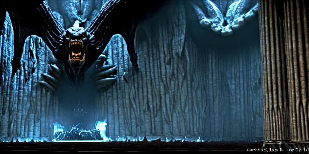 Prompt: huge balrog in the great hall of moria, columns along both sides of the great hall, balrog is breathing fire, style of h. r. giger, cinematic, movie still, cgi, directed by ridley scott