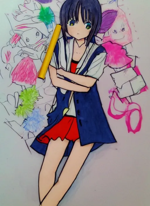 Image similar to very poorly drawn anime girl, cute outfit, posing, crayon art, very silly looking, very anime