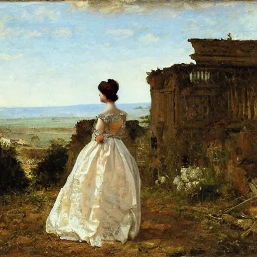 Image similar to young lady in ball gown looking over ruins by alfred stevens
