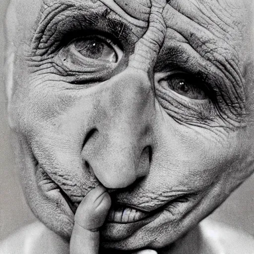 Image similar to color photo of weirdo, shaved eyebrows, thin lips, jimmy durante nose, pale skin, suffering from neurofibromatosis, realistic, high detail, high quality, jerry uelsmann, trending on pinterest