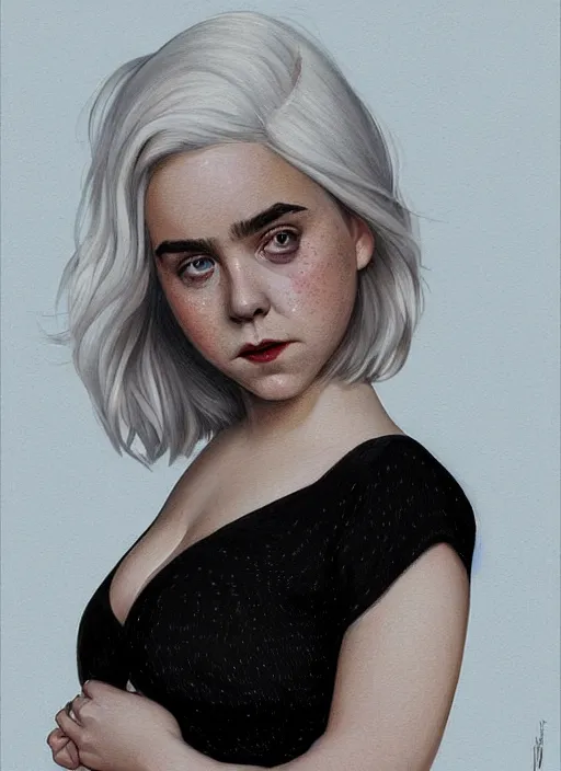 Image similar to full body portrait, kiernan shipka as sabrina spellman, white hair, obese, bangs, sultry, realistic, sultry smirk, fluffy bangs, freckles, fat, belly, intricate, elegant, highly detailed, digital painting, artstation, concept art, smooth, sharp focus, illustration, art by wlop, mars ravelo and greg rutkowski