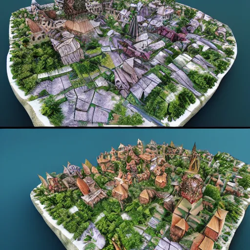 Image similar to vexel map of a fantasy world town : : terrain cartography, fantasy aesthetic, autodesk 3 d rendering, v - ray collection, maverick studio, arnold 3 d render, blender render, indigo renderer, redshift render, enscape render, maxwell render, luxcorerender, renderman, lumion render, marmoset render