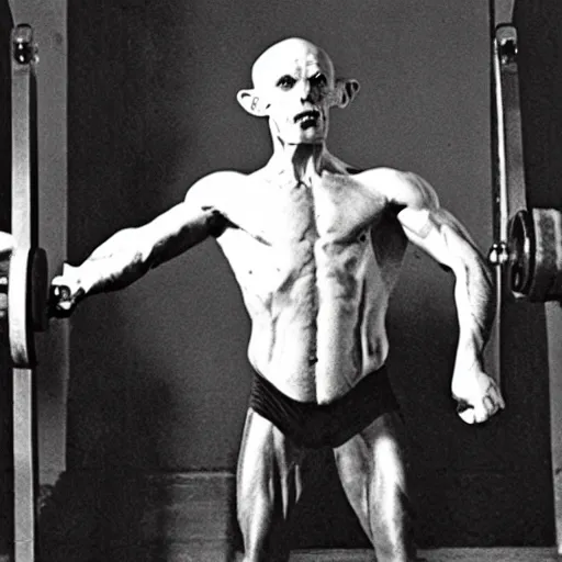 Image similar to portrait of nosferatu doing weightlifting, sport photography