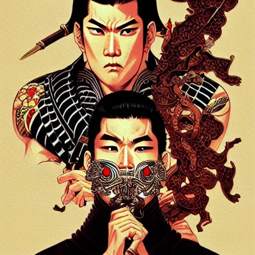 Image similar to a Yakuza warrior illustration, medium shot, intricate, elegant, highly detailed, digital art, ffffound, art by JC Leyendecker and sachin teng