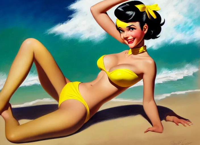 Image similar to the style of the artist gil elvgren, a girl with black hair, overwatch tracer, with a very beautiful symmetrical face, a smile on her face, tanned skin, in a yellow bikini, against the background of a sea beach, in art style, high detail, digital painting, hyperrealism