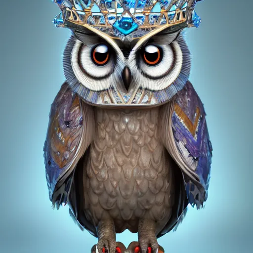 Prompt: magical owl, charactor, big blue eyes, with a diamond crown on his head, hyper detailed, stylistic, symmetrical, 3 d render, photorealitic, 8 k, octane render