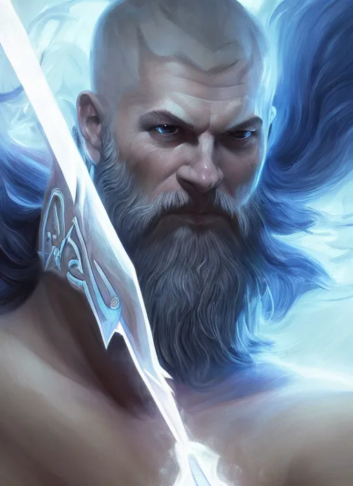 Image similar to close-up of character concept portrait of Zeus conjuring a violent void multiversal powerful lightning, a floating iridescent blade sword of chaos from God of War in the center, intricate, elegant, digital painting, concept art, smooth, sharp focus, illustration, by WLOP and Ruan Jia and Mandy Jurgens and William-Adolphe Bouguereau, Artgerm