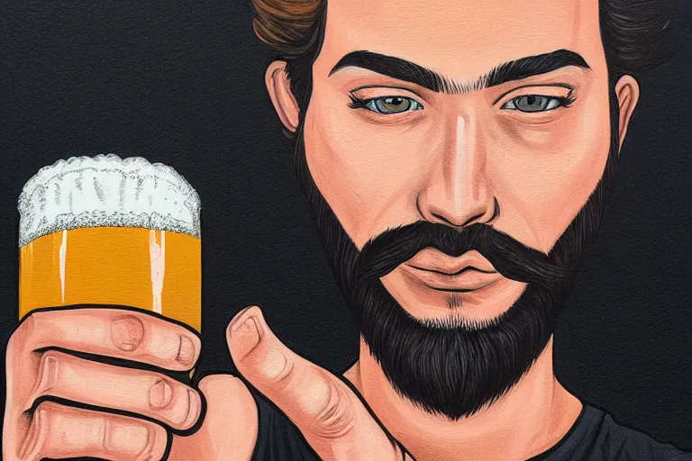 Image similar to a young man holding a beer giving a thumbs up with a long beard, detailed, uncropped, painted by Harumi Hironaka