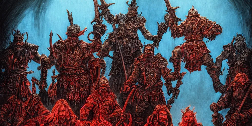 Prompt: concept art, aged dwarf warrior gang stand at the gates of hell, poster style, ornate, red, turquoise, detailed, dramatic, moody lighting, by paul pope, travis charest, gustave dore, hiroshi yoshida, moebius, artgerm, cinematic