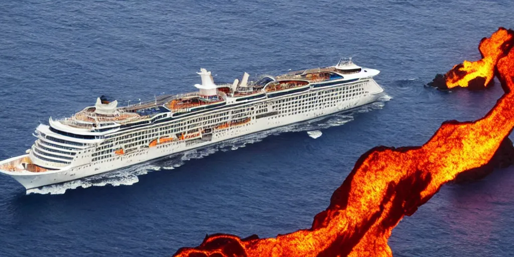 Image similar to a cruise ship on an ocean of lava sailing through the fires of hell.